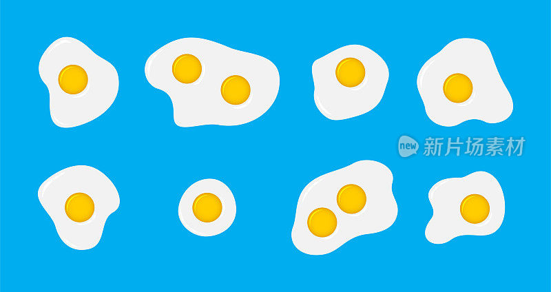 Flat fried egg set. Cartoon omelet vector illustration.